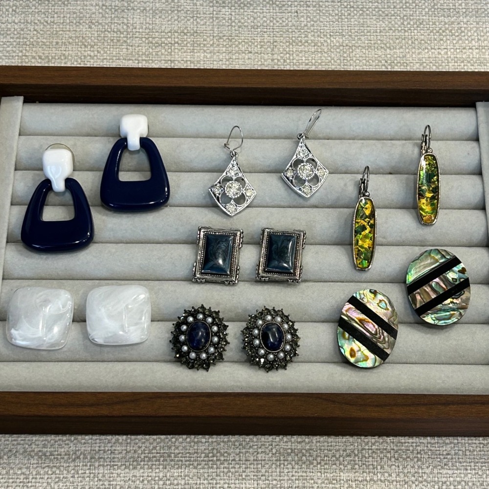 Vintage Earring Lot 7 Pairs Sarah Coventry Abalone Resin Geometric Blue White